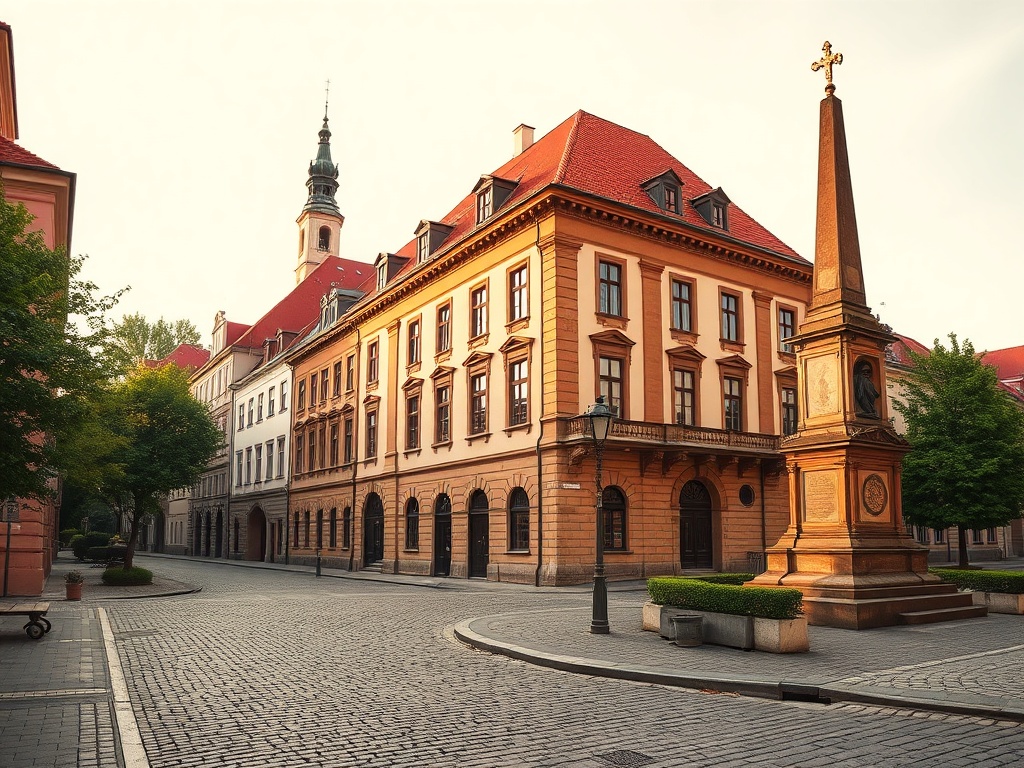 Widok panoramy miasta Łaziska Górne z charakterystycznymi elementami przemysłowymi i zielenią.