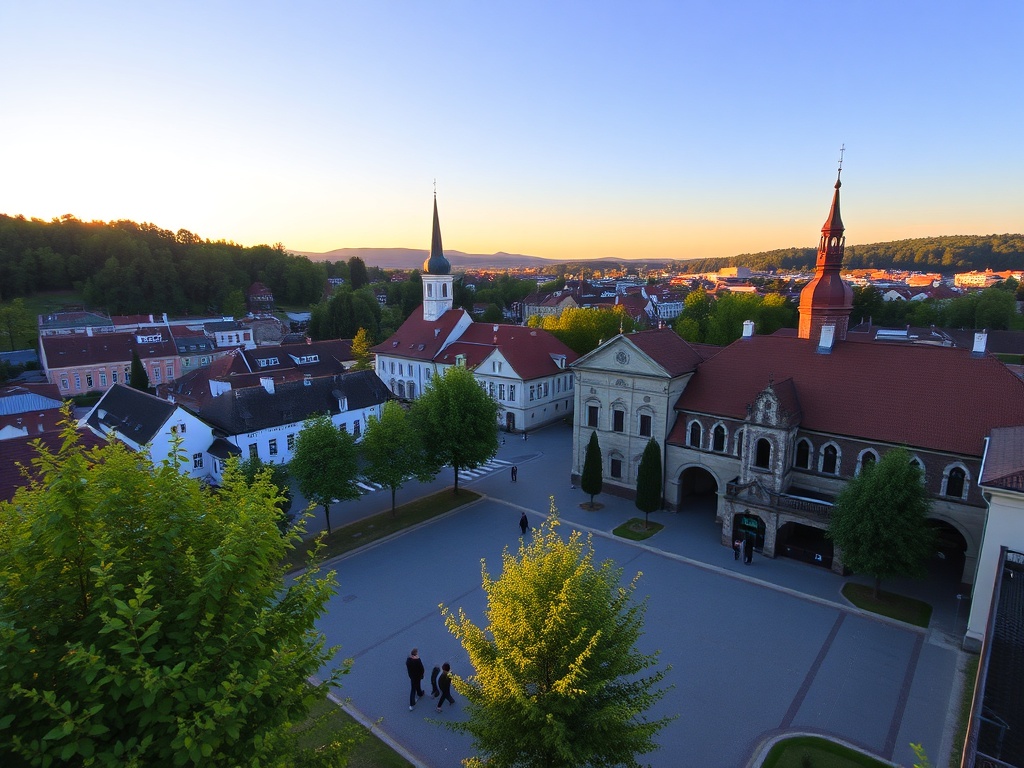 Panorama miasta Łaziska Górne z widoczną Elektrociepłownią w tle i terenami zielonymi.